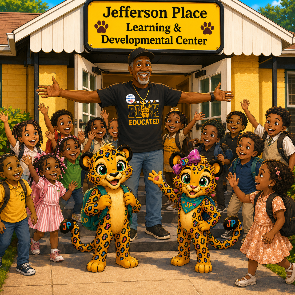 Mr. Jefferson outside Jefferson Place with the children and animal friends